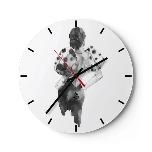 Wandklok - Klok - Zwart-witillustratie van een vrouw in een elegante jurk - 30x30cm - Ze kwam langs - Moderne wanddecoratie voor woonkamer, keuken en slaapkamer ARTTOR