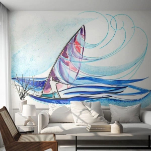 Zelfklevend Fotobehang Deluxe Sticker - Met de wind op het ritme van de golven - Het windsurfen, Sport, Zee - 250x175 cm