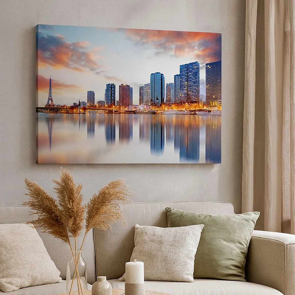 Schilderen op canvas - Panorama van moderne gebouwen en de Eiffeltoren over het water - 70x50cm - De monumentale rust van Parijs - Moderne wanddecoratie voor woonkamer en slaapkamer ARTTOR