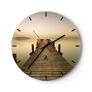 Wandklok - Klok - Een houten steiger bij zonsopgang boven een kalm meer - 30x30cm - Aanbreken van de dag, licht - Moderne wanddecoratie voor woonkamer, keuken en slaapkamer ARTTOR