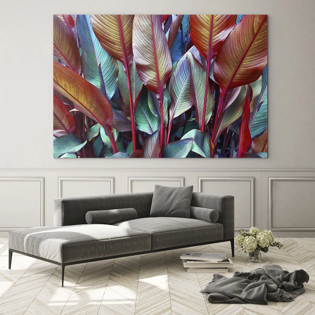 Schilderen op glas - Een kleurrijk struikgewas van bladeren in tinten rood, groen en paars - 70x50cm - Een kleurrijk struikgewas - Moderne wanddecoratie voor woonkamer en slaapkamer ARTTOR