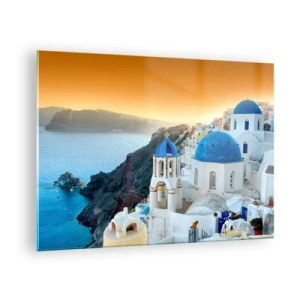 Schilderen op glas - Uitzicht op Santorini met zijn blauwe koepels en kliffen - 70x50cm - Santorini - genesteld tegen de rotsen - Moderne wanddecoratie voor woonkamer en slaapkamer ARTTOR