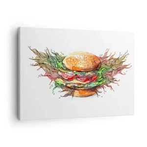 Schilderen op canvas - Artistieke illustratie van een hamburger met dynamische elementen - 70x50cm - Hete verleiding - Moderne wanddecoratie voor woonkamer en slaapkamer ARTTOR
