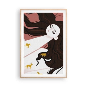 Een poster in een licht eiken lijst - Droom over een gouden paard - 61x91 cm