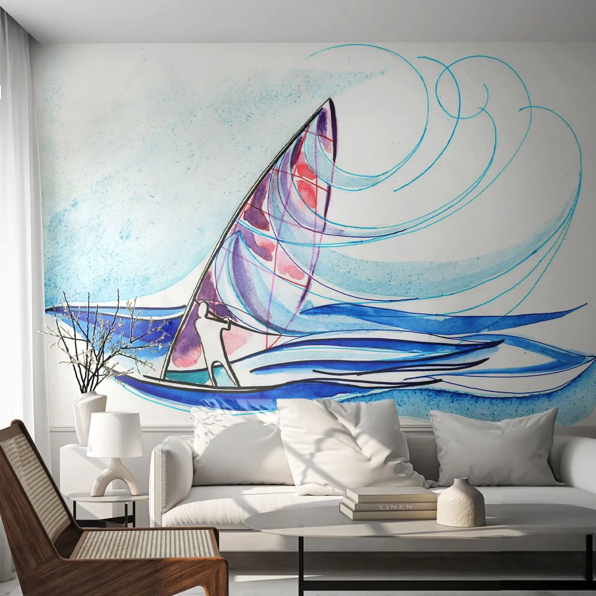 Zelfklevend Fotobehang Deluxe Sticker - Met de wind op het ritme van de golven - Het windsurfen, Sport, Zee - 200x140 cm