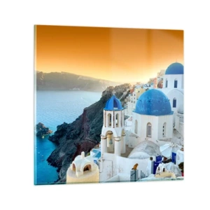 Schilderen op glas - Santorini - genesteld tegen de rotsen - 70x70 cm