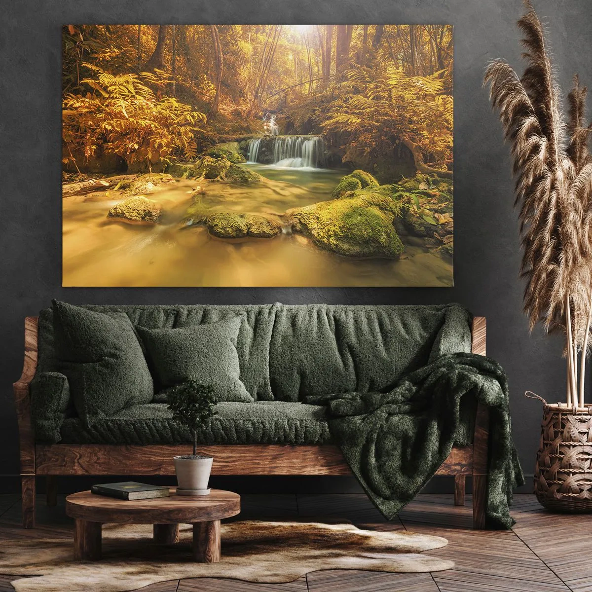 Schilderen op canvas - Een gouden waterval in een herfstbos omgeven door groen - 70x50cm - Boscascade in goud - Moderne wanddecoratie voor woonkamer en slaapkamer ARTTOR