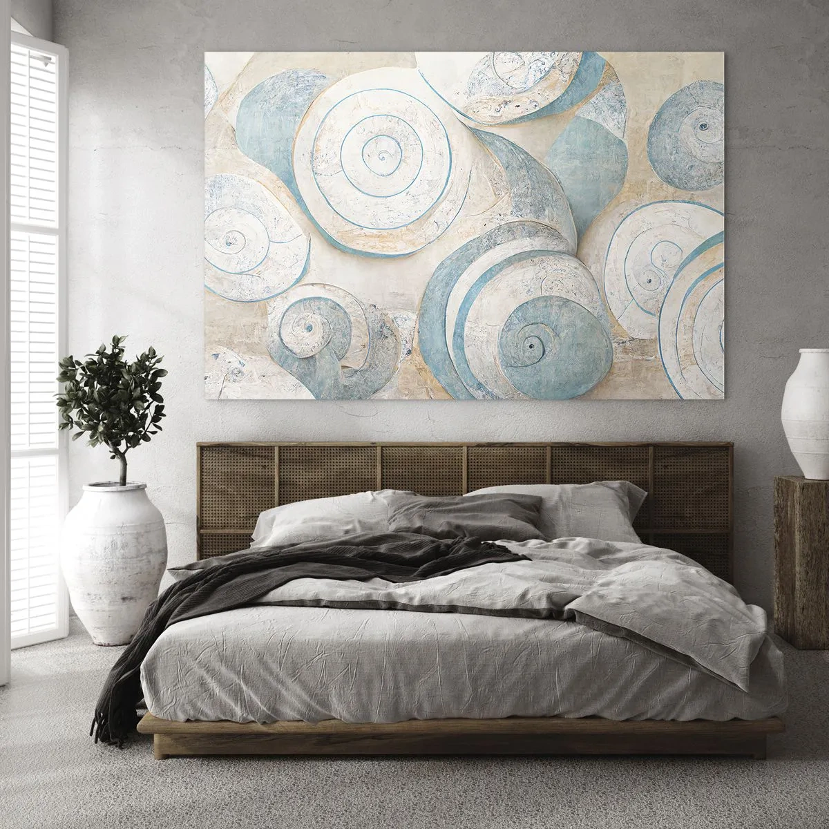 Schilderen op glas - Schelpen in een blauw en beige palet op een gestructureerde achtergrond - 70x50cm - Wat zit er in de schelp? - Moderne wanddecoratie voor woonkamer en slaapkamer ARTTOR