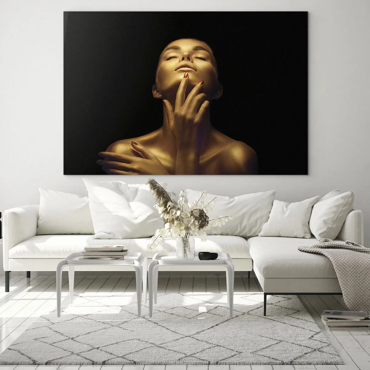 Schilderen op glas - Portret van een vrouw in gouden tinten - 70x50cm - Als gouden zijde - Moderne wanddecoratie voor woonkamer en slaapkamer ARTTOR