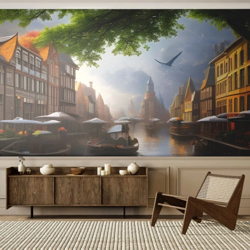 Fotobehang Premium Canvas - Hollands stadsbeeld - Oude stad, Boten, Kanaal - 250x175 cm