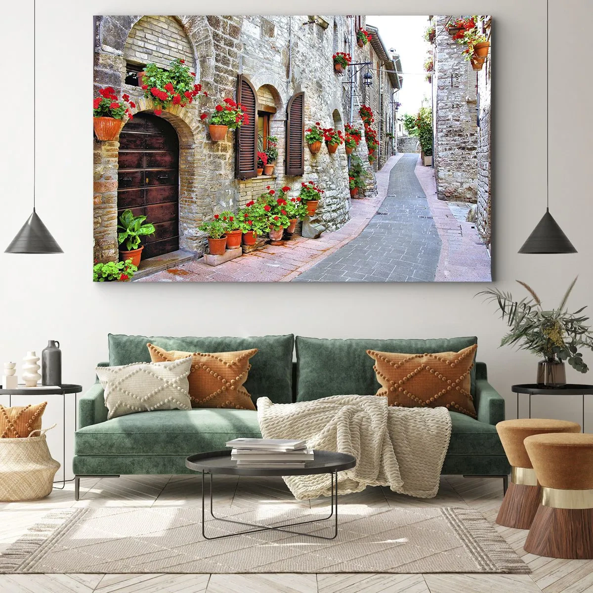Schilderen op canvas - Een smalle straat met stenen gebouwen versierd met bloempotten - 70x50cm - Italiaanse sfeer - Moderne wanddecoratie voor woonkamer en slaapkamer ARTTOR