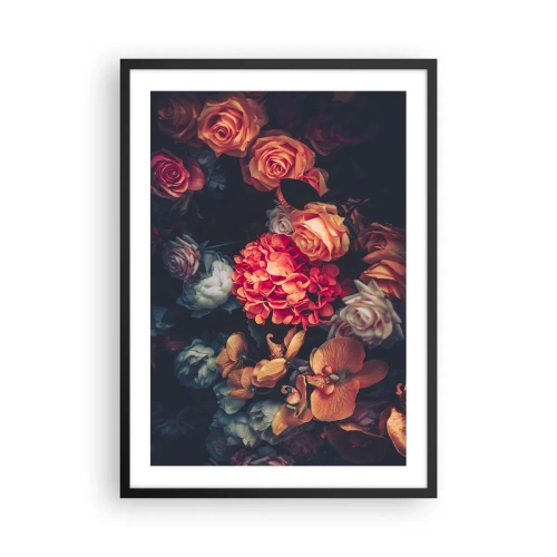 Poster in een zwarte lijst - Een compositie van donkere bloemen met een vleugje barokke esthetiek - 50x70cm - Zoals bij de Hollandse meesters - Moderne wanddecoratie voor woonkamer en slaapkamer ARTTOR