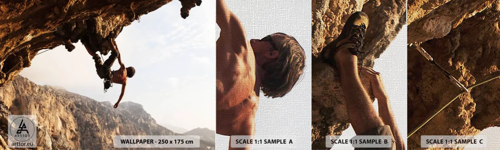 Fotobehang Monster Premium Canvas - De wereld gekrompen in een hand op een rotsblok - Kalymnos-eiland, Rotsklimmen, Landschap - 100x30 cm