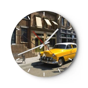 Wandklok - Klok - Een gele taxi voor een stijlvol gebouw - 30x30cm - Lang geleden in Amerika - Moderne wanddecoratie voor woonkamer, keuken en slaapkamer ARTTOR