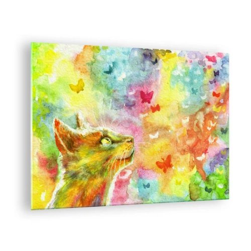 Schilderen op glas - Een kat kijkt naar kleurrijke vlinders tegen een pastelkleurige achtergrond. - 70x50cm - Baju-baju in het kattenparadijs - Moderne wanddecoratie voor woonkamer en slaapkamer ARTTOR