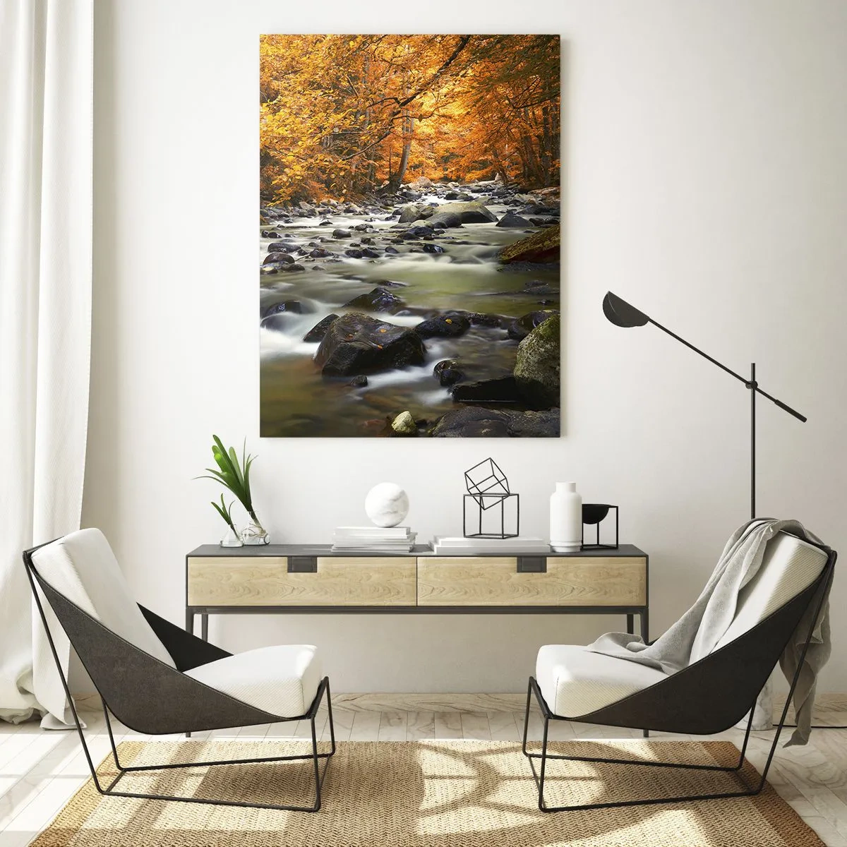 Schilderen op glas - Een stroom in een gouden bos - 70x100 cm