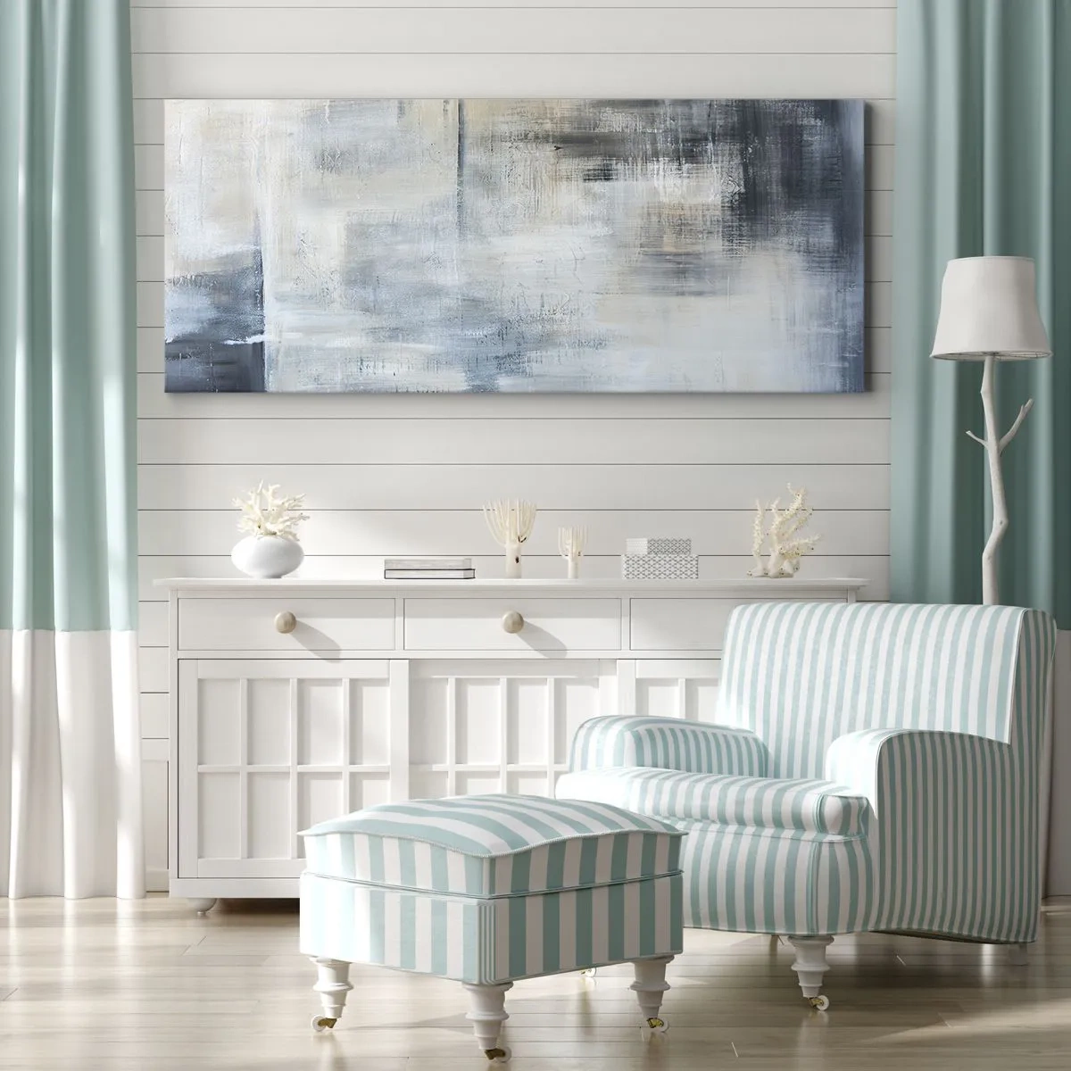 Schilderen op canvas - Achter het blauwe gordijn - 140x50 cm