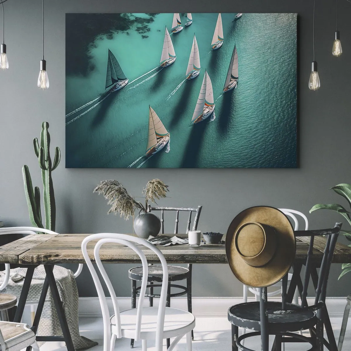 Schilderen op canvas - Jachten op turquoise water in dynamische beweging - 70x50cm - In een wedstrijd met de wind - Moderne wanddecoratie voor woonkamer en slaapkamer ARTTOR