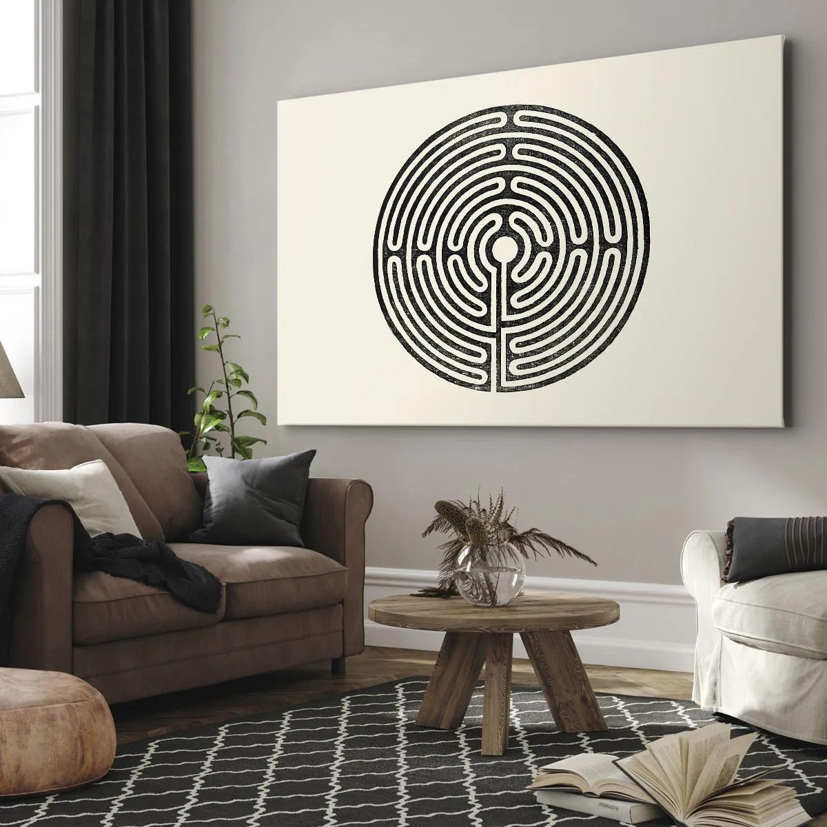 Schilderen op canvas - Zwart-wit cirkelvormig doolhof op een lichte achtergrond - 70x50cm - Mysterieuze orde - Moderne wanddecoratie voor woonkamer en slaapkamer ARTTOR