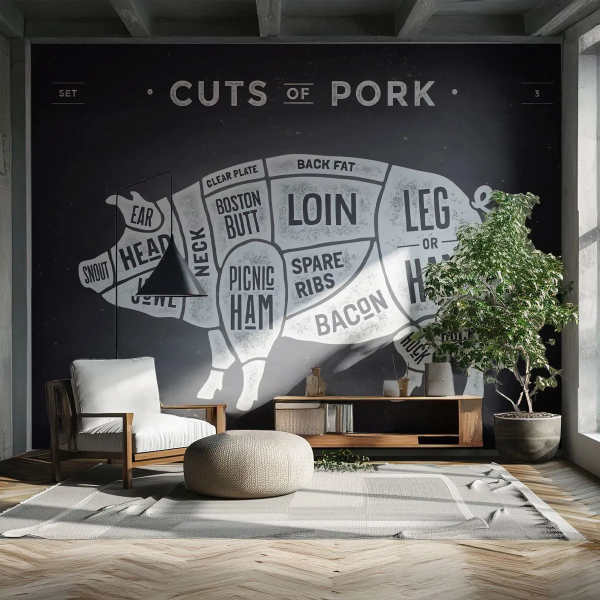 Fotobehang Premium Canvas - Slagers ABC - Gastronomie, Dierlijk varken, Varkensvlees - 350x256 cm