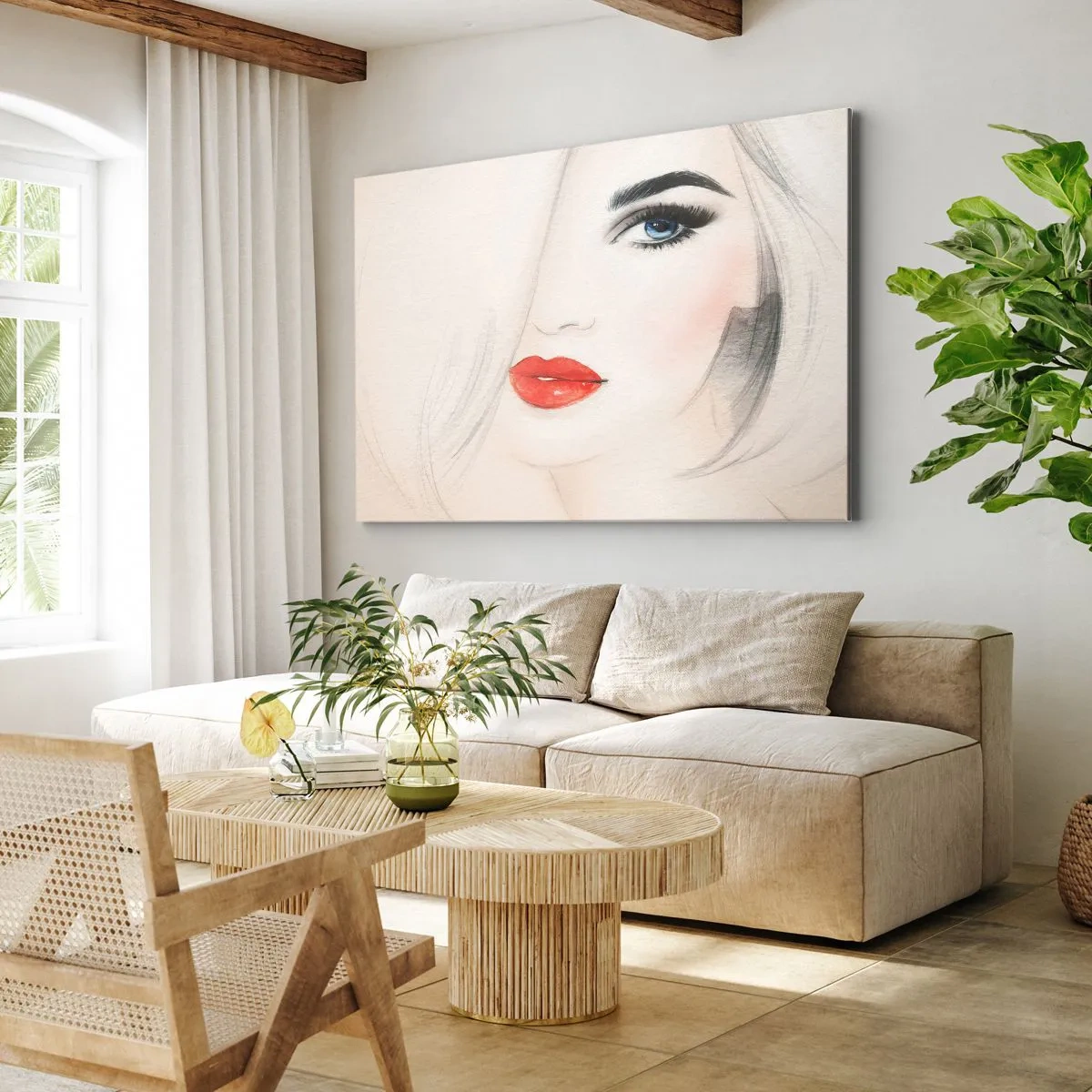 Schilderen op canvas - Een minimalistisch portret van een vrouw met blauwe ogen en rode lippen. - 70x50cm - Het hypnotiseert en bedwelmt - Moderne wanddecoratie voor woonkamer en slaapkamer ARTTOR