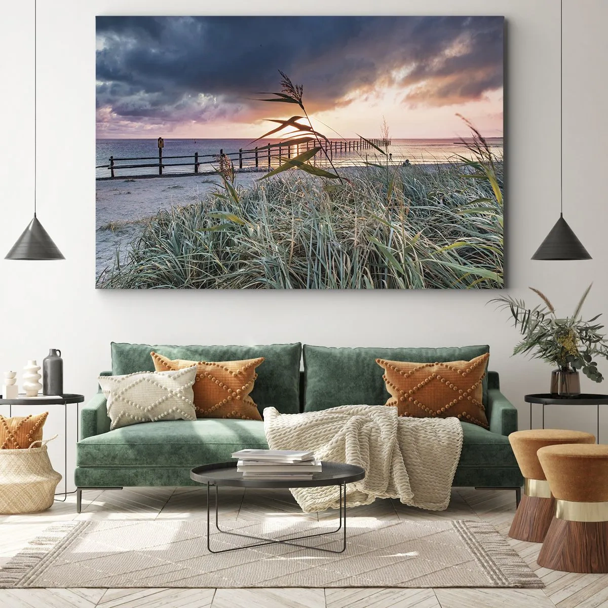 Schilderen op canvas - Strand bij zonsondergang met gras op de voorgrond - 70x50cm - Het gaat niet met de wind mee - Moderne wanddecoratie voor woonkamer en slaapkamer ARTTOR