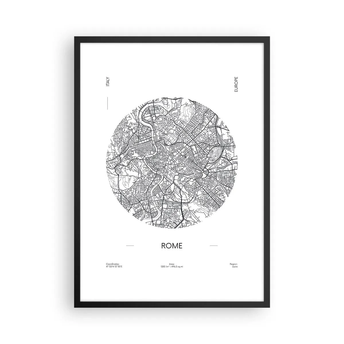 Poster in een zwarte lijst - Een minimalistische kaart van Rome in zwart-wit. - 50x70cm - Anatomie van Rome - Moderne wanddecoratie voor woonkamer en slaapkamer ARTTOR