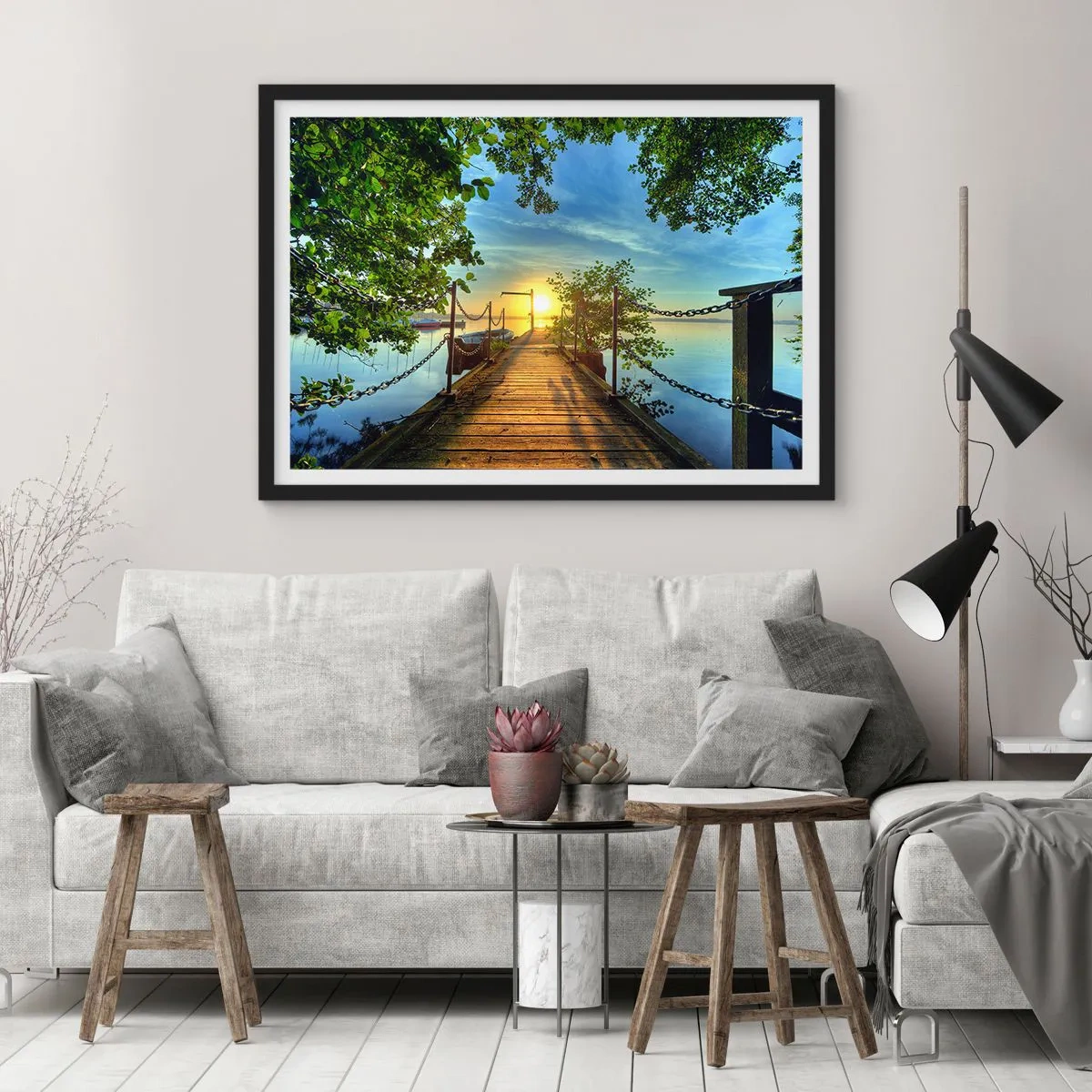 Poster in een zwarte lijst - Zonsondergang boven het water - 100x70 cm