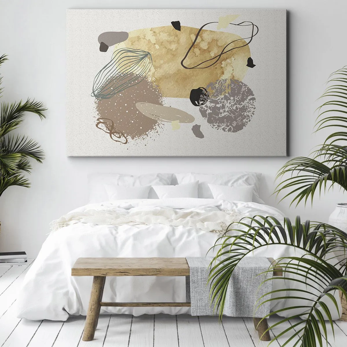 Schilderen op canvas - Een compositie van abstracte vormen in beige en geel. - 70x50cm - Toegepaste plumcologie - Moderne wanddecoratie voor woonkamer en slaapkamer ARTTOR