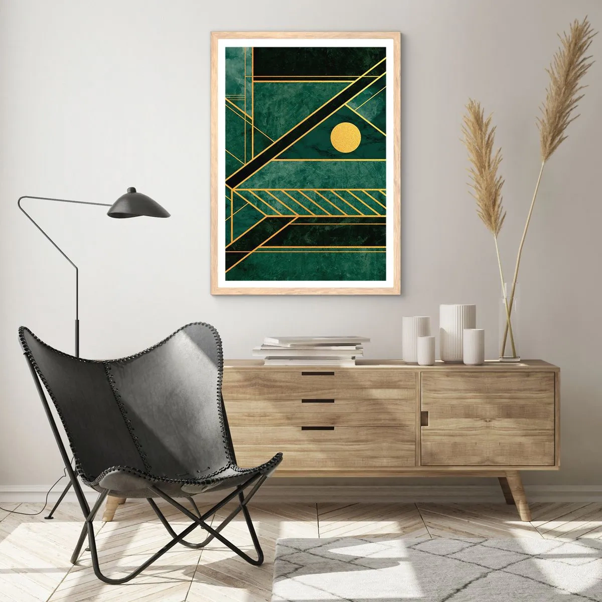 Een poster in een licht eiken lijst - Dynamiek van goud en azuur - 70x100 cm