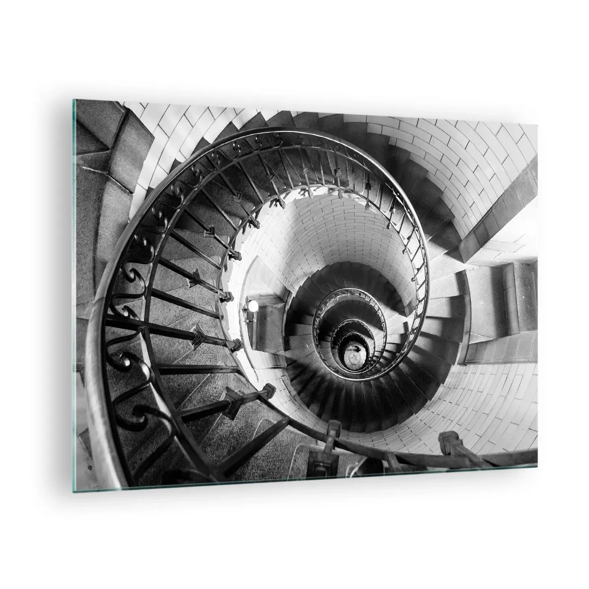 Schilderen op glas - Zwart-witfoto van een wenteltrap in perspectief - 70x50cm - Hoger en hoger - Moderne wanddecoratie voor woonkamer en slaapkamer ARTTOR