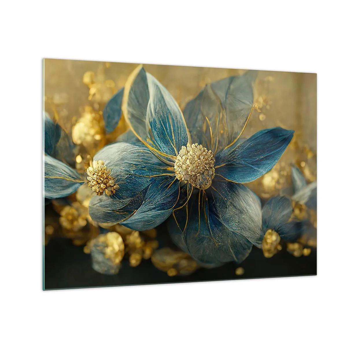 Schilderen op glas - Blauwe en gouden bloemen met een luxe uitstraling - 70x50cm - Bloei met goud - Moderne wanddecoratie voor woonkamer en slaapkamer ARTTOR