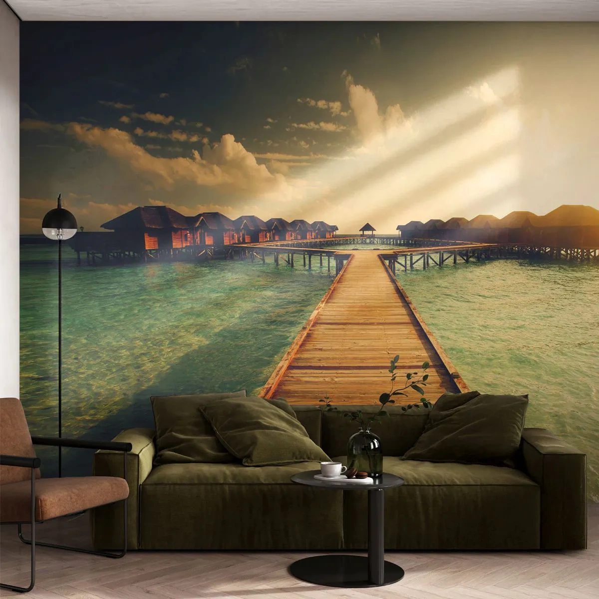 Fotobehang Premium Sand - Een warme uitnodiging - Maldiven, Landschap, Huizen aan het water - 100x70 cm