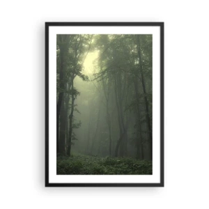 Poster in een zwarte lijst - Mistige bomen in een groen bos - 50x70cm - Voordat hij wakker wordt - Moderne wanddecoratie voor woonkamer en slaapkamer ARTTOR