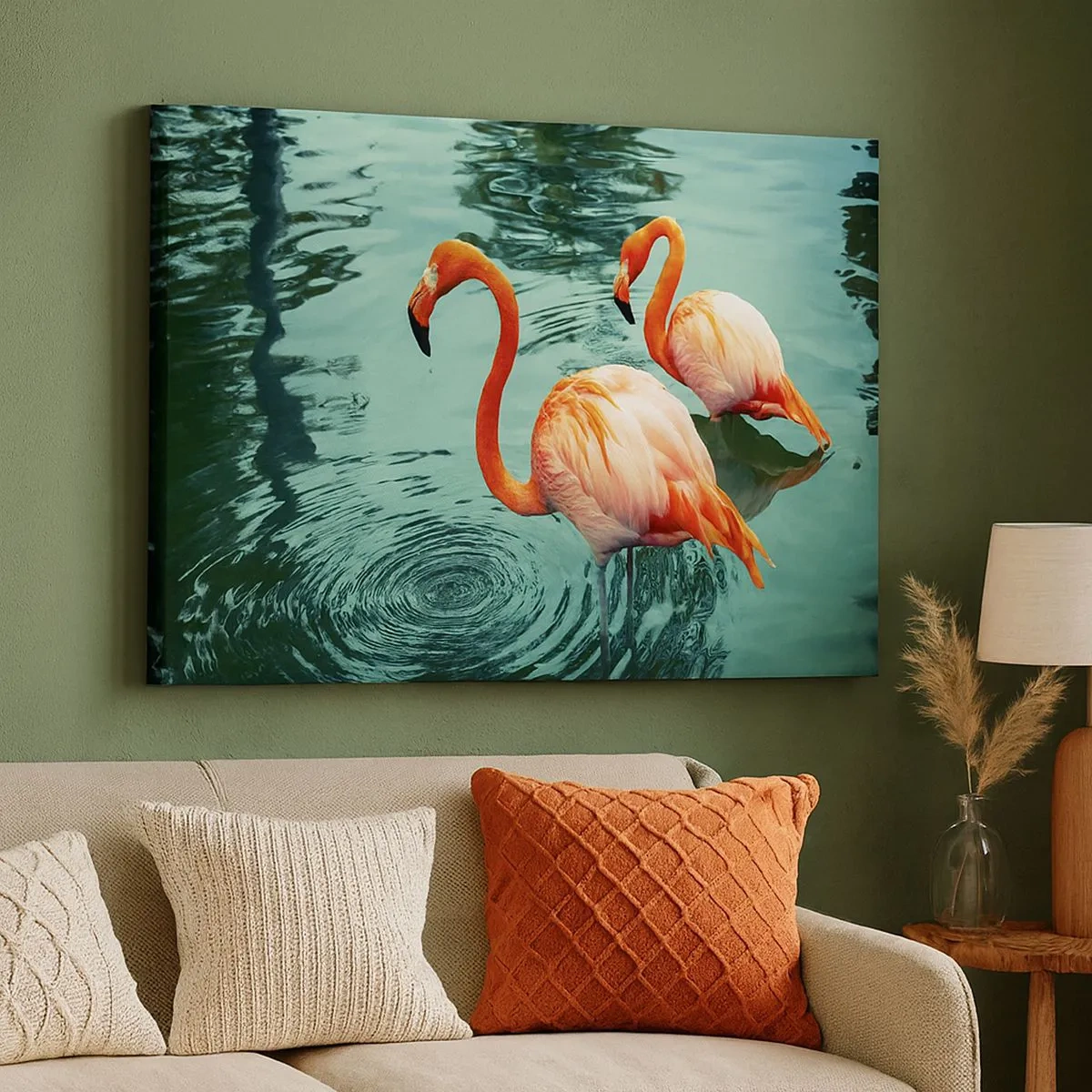 Schilderen op canvas - Twee flamingo's in het kalme water weerspiegelen hun omgeving - 70x50cm - We zijn nu in de mode - Moderne wanddecoratie voor woonkamer en slaapkamer ARTTOR
