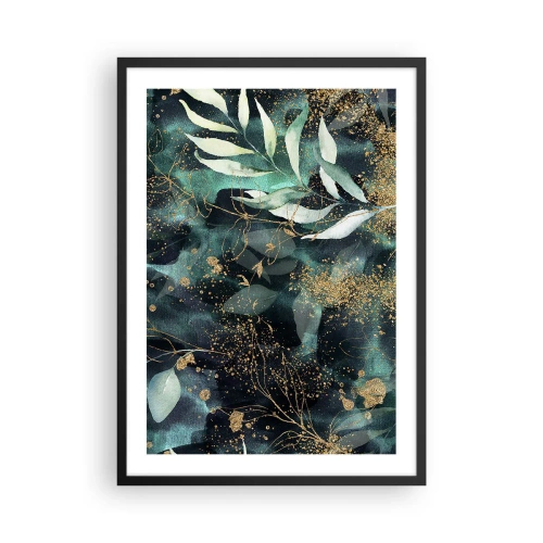 Poster in een zwarte lijst - Groene bladeren en gouden accenten op een donkere achtergrond - 50x70cm - Magische tuin - Moderne wanddecoratie voor woonkamer en slaapkamer ARTTOR
