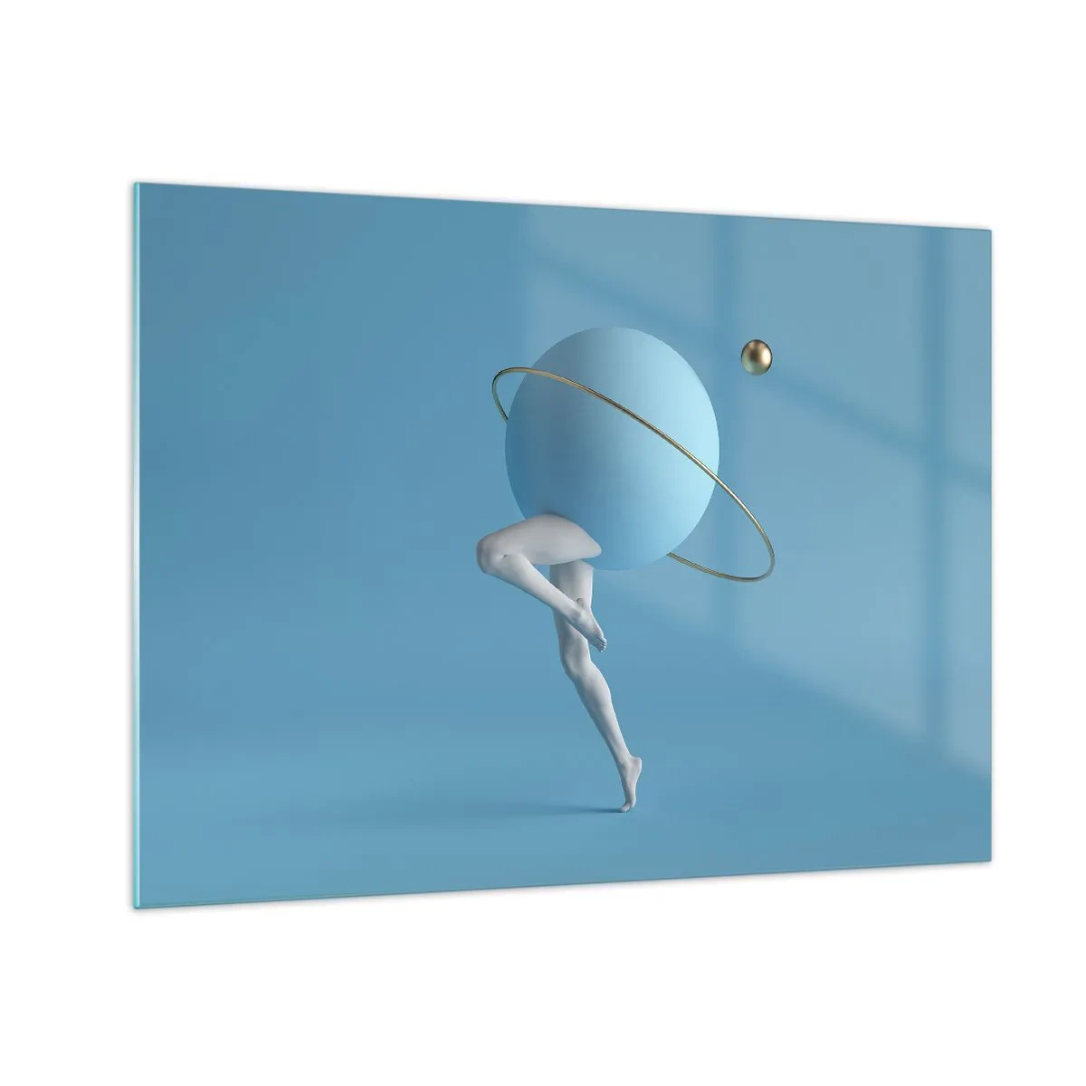 Schilderen op glas - Een minimalistische compositie van een planeet met menselijke benen op blauw. - 70x50cm - En de planeten zijn gek geworden - Moderne wanddecoratie voor woonkamer en slaapkamer ARTTOR