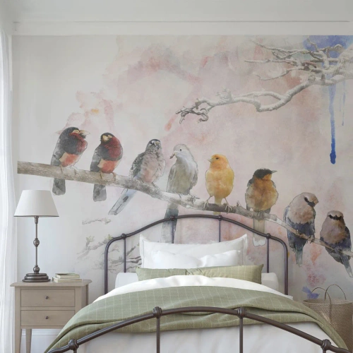 Fotobehang Premium Canvas - Gevleugelde ontmoeting - Vogels, Natuur, Grafisch - 500x350 cm