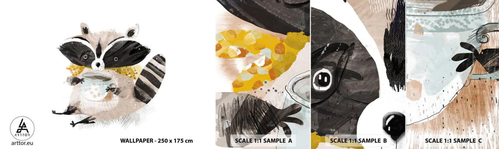 Fotobehang Staaltje Standard Eco - Mijn vriend de wasbeer - Voor kinderen, Wasbeer, Grafisch - 100x30 cm