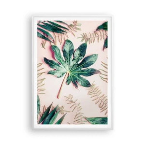 Poster in een witte lijst - Een studie van groen op een roze achtergrond - 70x100 cm