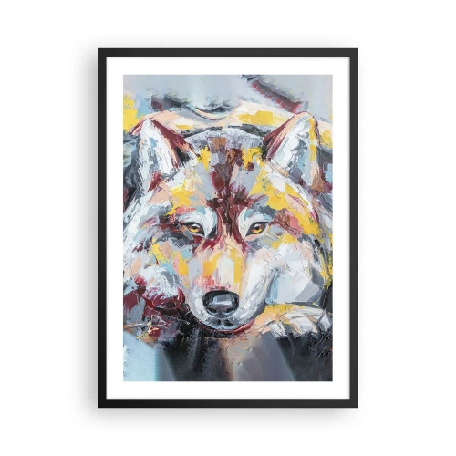 Poster in een zwarte lijst - Abstract portret van een wolf met kleurrijke penseelstreken. - 50x70cm - Gemoedsrust onder dierbaren - Moderne wanddecoratie voor woonkamer en slaapkamer ARTTOR