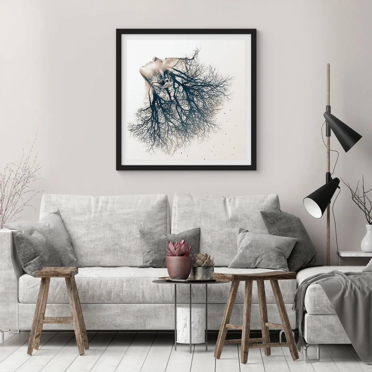 Poster in een zwarte lijst - Luisteren naar het gefluister van bomen - 50x50 cm