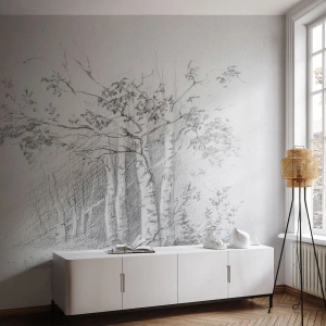 Fotobehang Standard Eco - Potloodschets van berkenbomen in het bos - 100x70cm - Het licht van het berkenbos - Moderne wanddecoratie voor woonkamer en slaapkamer ARTTOR