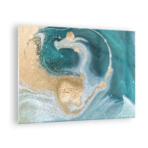 Schilderen op glas - Goud op turquoise golven in een abstracte stijl - 70x50cm - Een werveling van goud en turkoois - Moderne wanddecoratie voor woonkamer en slaapkamer ARTTOR