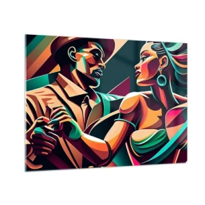 Schilderen op glas - Een kleurrijk danspaar in art-decostijl met dynamische expressie. - 70x50cm - In het ritme van het hart - Moderne wanddecoratie voor woonkamer en slaapkamer ARTTOR
