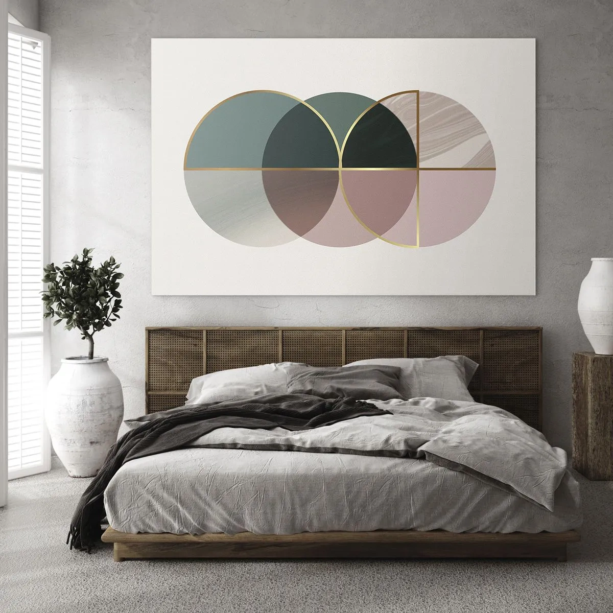 Schilderen op glas - Geometrische vormen met tinten groen en roze op een lichte achtergrond - 70x50cm - Wiel voor wiel... - Moderne wanddecoratie voor woonkamer en slaapkamer ARTTOR