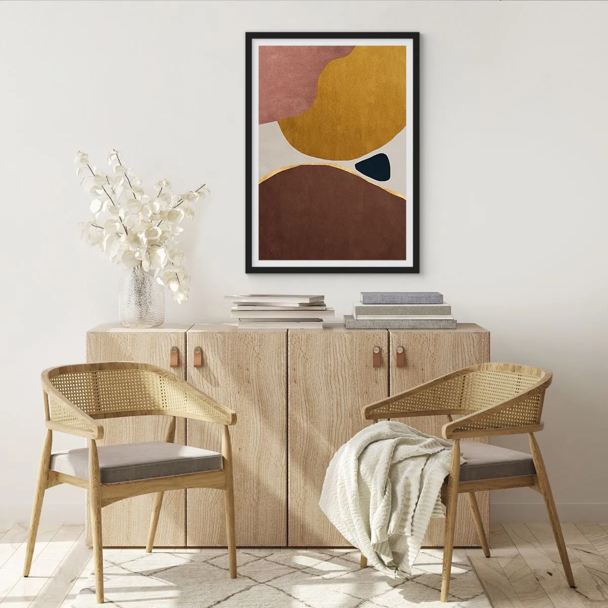 Poster in een zwarte lijst - Abstracte geometrische compositie in warme kleuren - 50x70cm - Abstractie – een plek in de ruimte - Moderne wanddecoratie voor woonkamer en slaapkamer ARTTOR