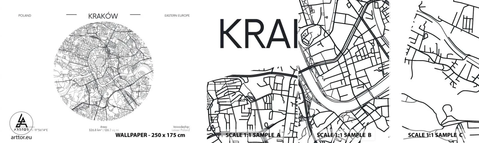 Fotobehang Staaltje Standard Eco - Anatomie van Krakau - Kaart, Krakau, Polen - 100x30 cm