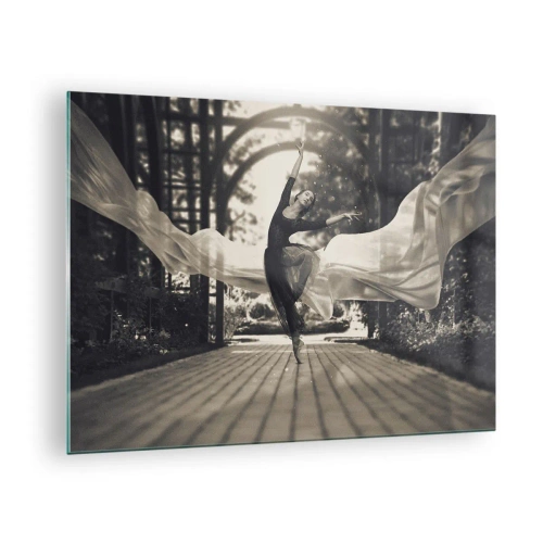 Schilderen op glas - Een danseres in beweging tegen een tuinachtergrond in zwart-wit. - 70x50cm - De dans van de tuingeest - Moderne wanddecoratie voor woonkamer en slaapkamer ARTTOR