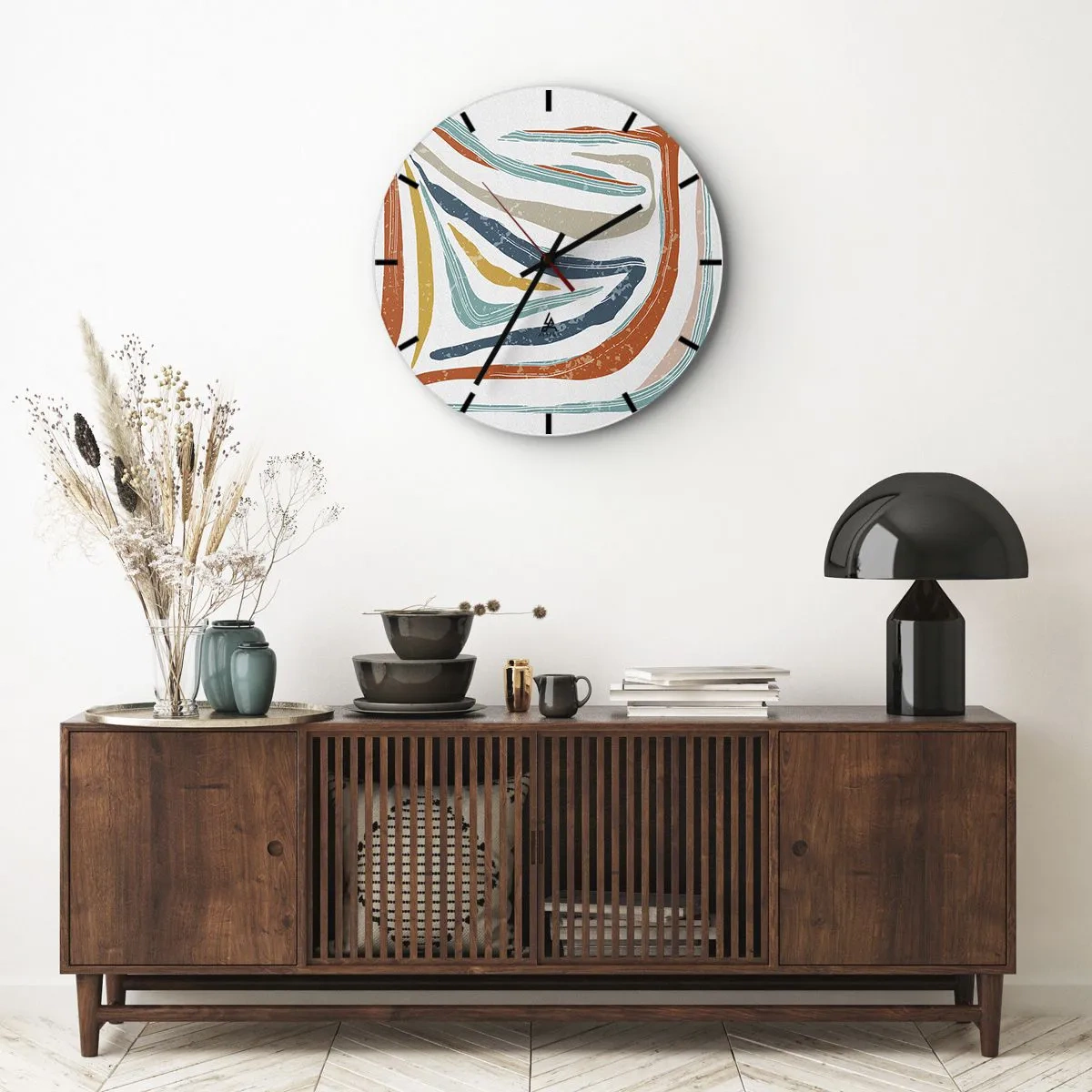 Wandklok - Klok - Kleurrijke, dynamische golven en lijnen creëren een vrolijk abstract patroon. - 30x30cm - Abstractie met een vriendelijke glimlach - Moderne wanddecoratie voor woonkamer, keuken en slaapkamer ARTTOR